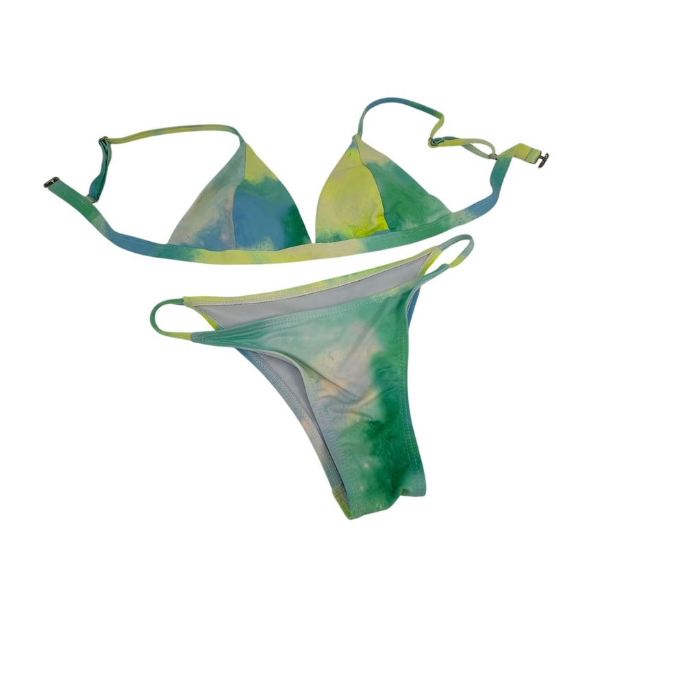 Green Blue Yellow Tie Dye Triangle Bikini Set Two Piece Swimsuit Women Small
